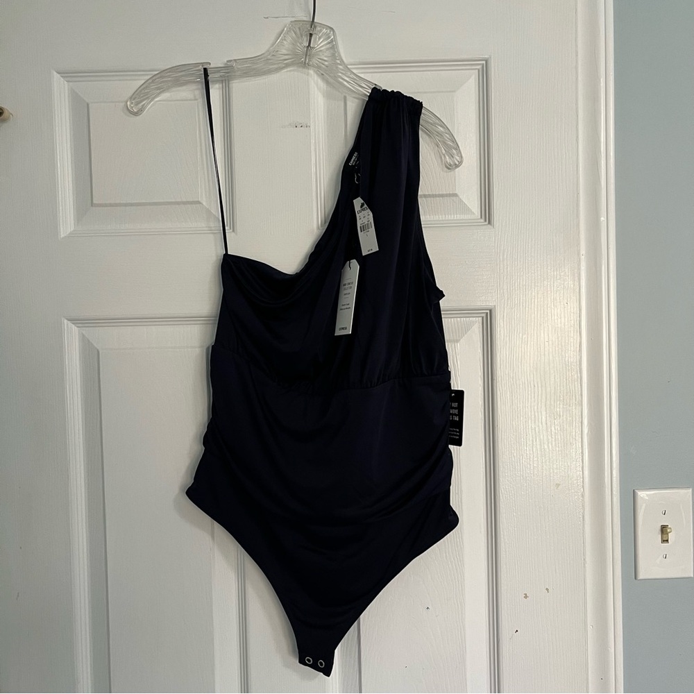 NWT Express Navy Bodysuit Body Contour One Shoulder Slimming Ruched